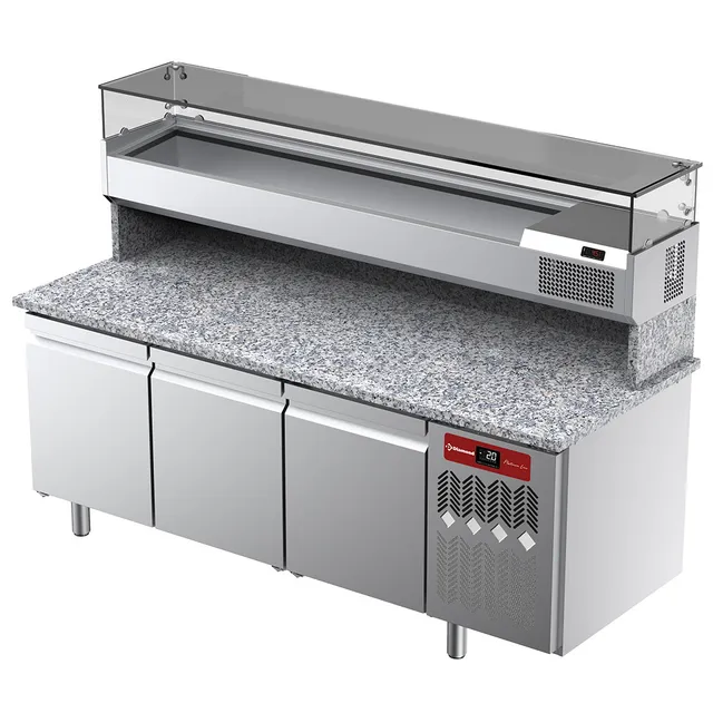 Table frigorifique, ventilée, pour pizza 3 portes avec  vitrine refrigérée 2000x380x410 et plan de travail en granit