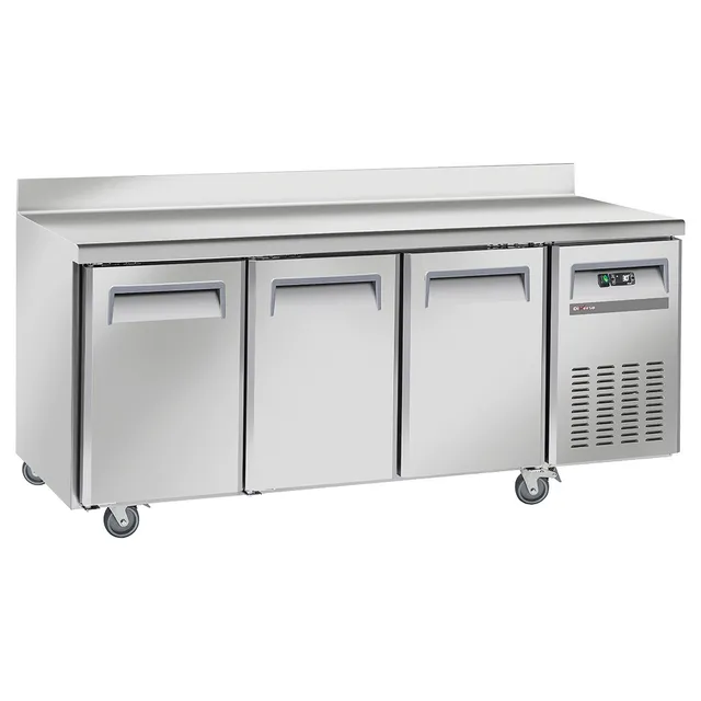 Table frigorifique, ventilé, 3 portes GN 1/1, avec dosseret, sur roues, 2 avec freins