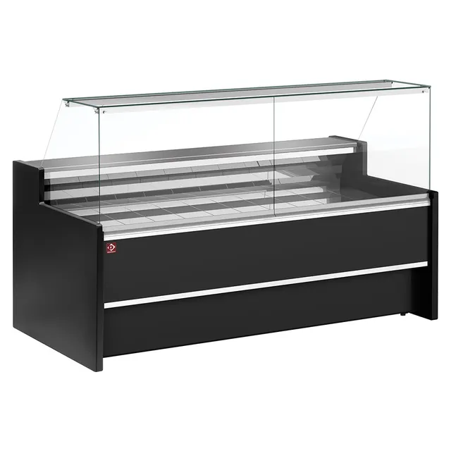 Comptoir vitrine réfrigéré à vitre droite 90°, ventilé, avec réserve - NOIR
