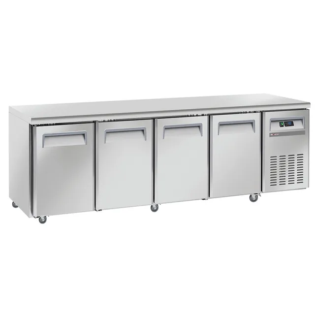 Table frigorifique, ventilé, 4 portes GN 1/1, sur roues, 2 avec freins