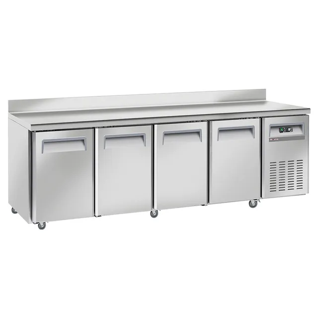 Table frigorifique, ventilé, 4 portes GN 1/1, avec dosseret, sur roues, 2 avec freins