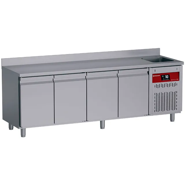 Table frigorifique "murale" ventilée, 4 portes GN 1/1, 550 Lit. avec évier