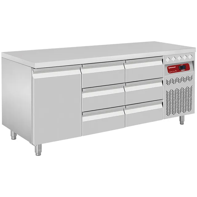 Table frigorifique ventilée, 3 portes GN 1/1, 405 Lit.+ 2x Kit bloc 3 tiroirs (1/3+1/3+1/3 h100mm), pour DT...