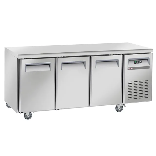 Table frigorifique, ventilé, 3 portes GN 1/1, sur roues, 2 avec freins