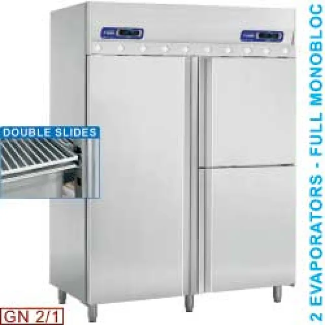 Armoire frigorifique ventilée et poisson 700+350 & 350 Lit. 3 portes GN 2/1 & 1/1, sur roues