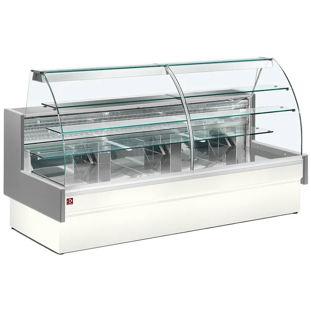 Comptoir vitrine réfrigéré, statique, chargement à tiroirs, vitre courbe, sans réserve - GRIS/BLANC
