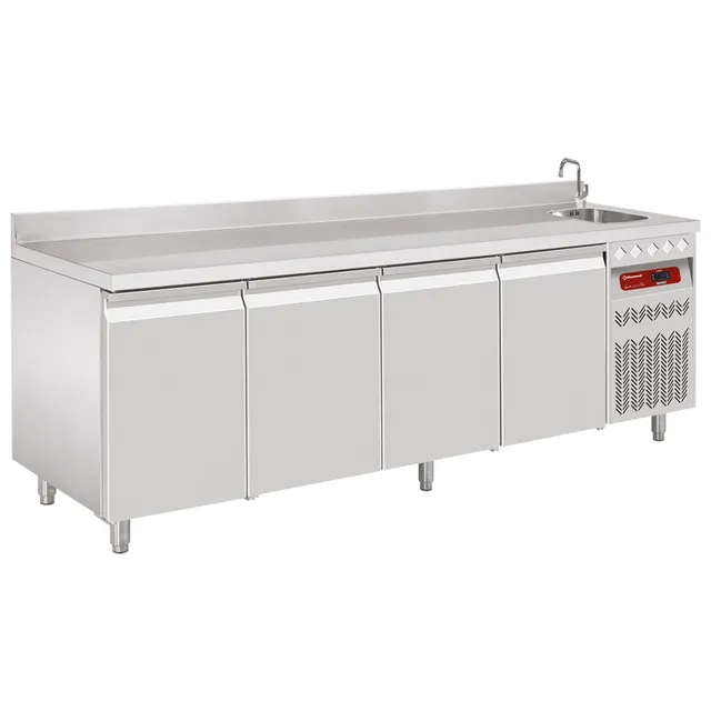 Table frigorifique "murale" ventilée, 4 portes GN 1/1, 550 Lit. avec évier