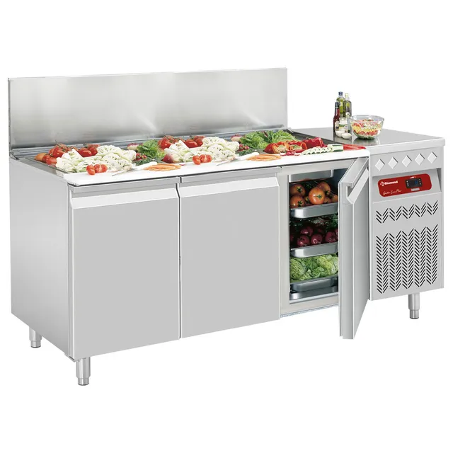 Table frigorifique ventilée, 3 portes GN 1/1, 405 Lit. avec saladette réfrigérée GN